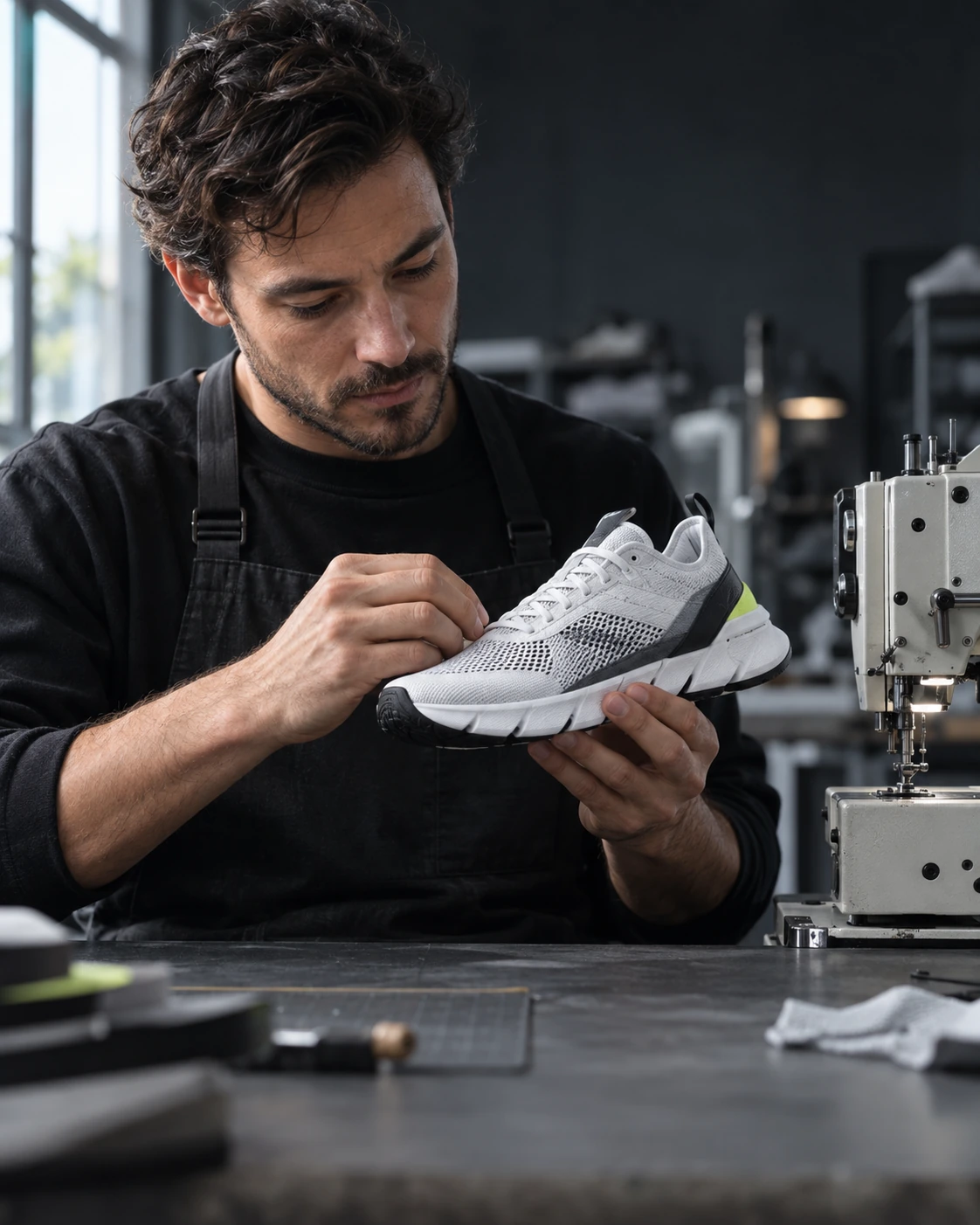 Illustrative scene of a footwear technician inspecting a modern mesh sneaker